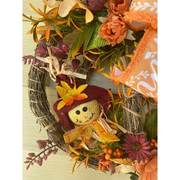 Fall Pumpkin Bamboo Wreath with Scarecrows, Thankful Bow & Autumn Florals - Picture 5 of 9